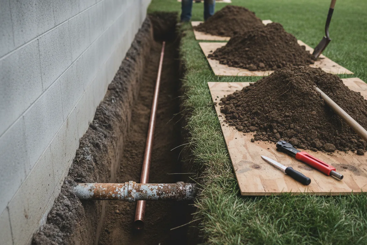 Excavated water line trench during Water Softener Installation in Alexander